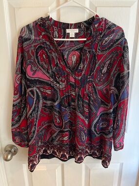 Charter Club Petite Paisley Tunic Blouse P/M Red Black Pink
